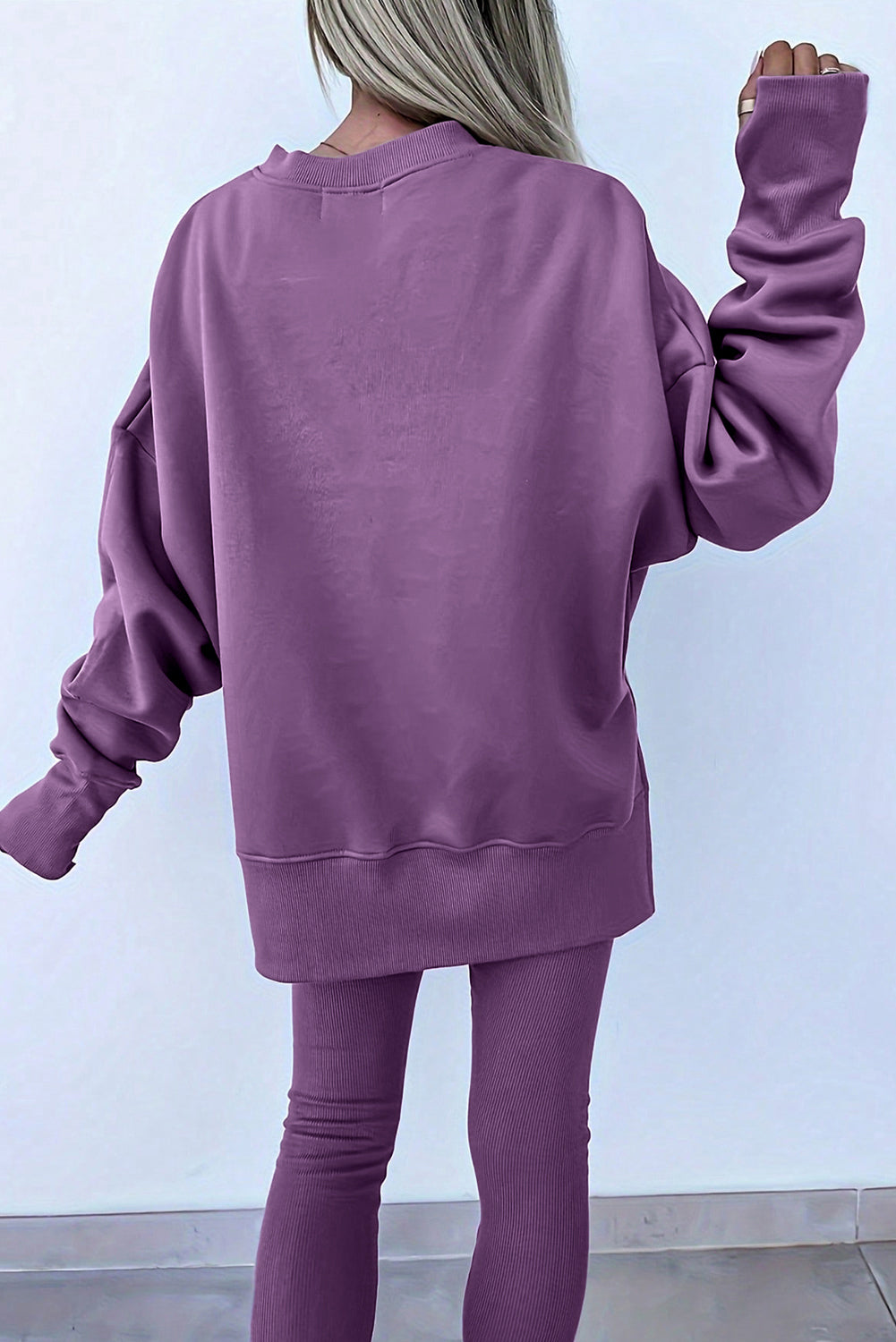 Set 2 Pezzi Donna Lilla Nebbia: Felpa Oversize con Spacco e Leggings a Costine