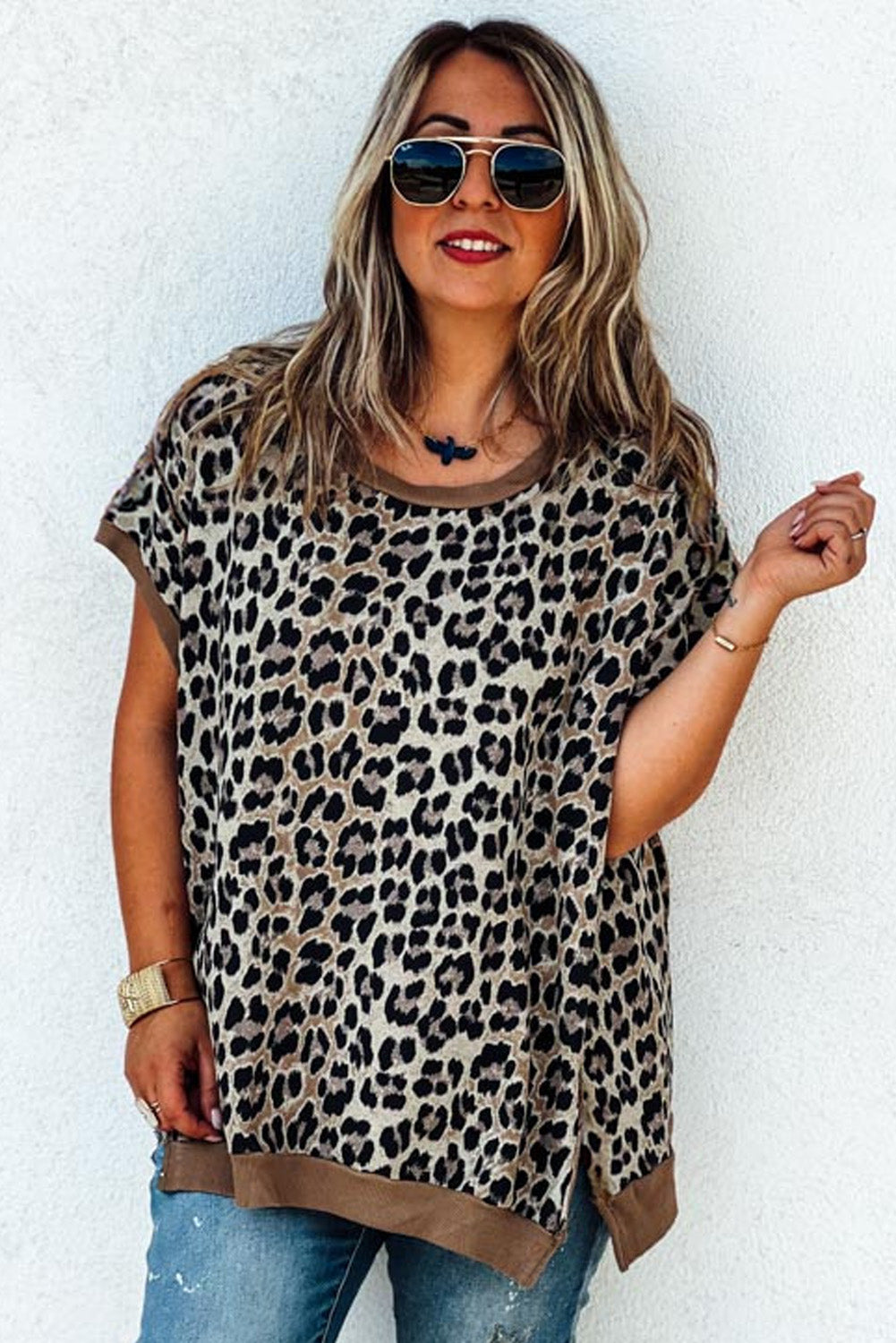 Top Donna Plus Size Kaki con Bordi Leopardati a Contrasto e Maniche Corte