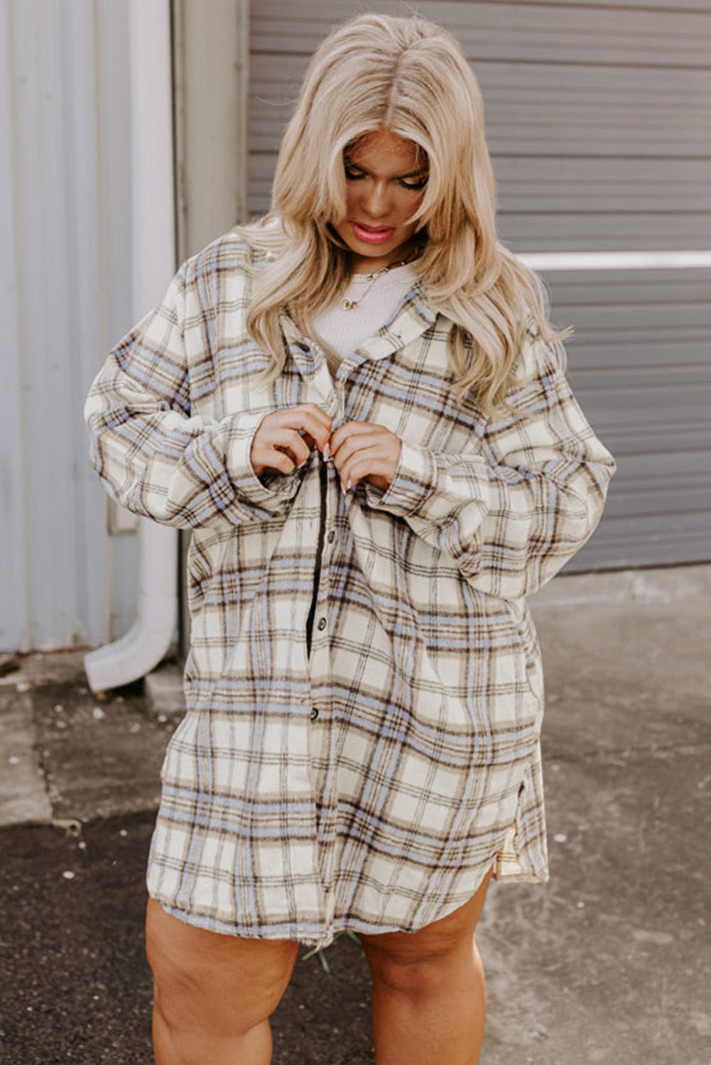 Shacket Donna Plus Size Bianco a Quadri con Spacchi Laterali