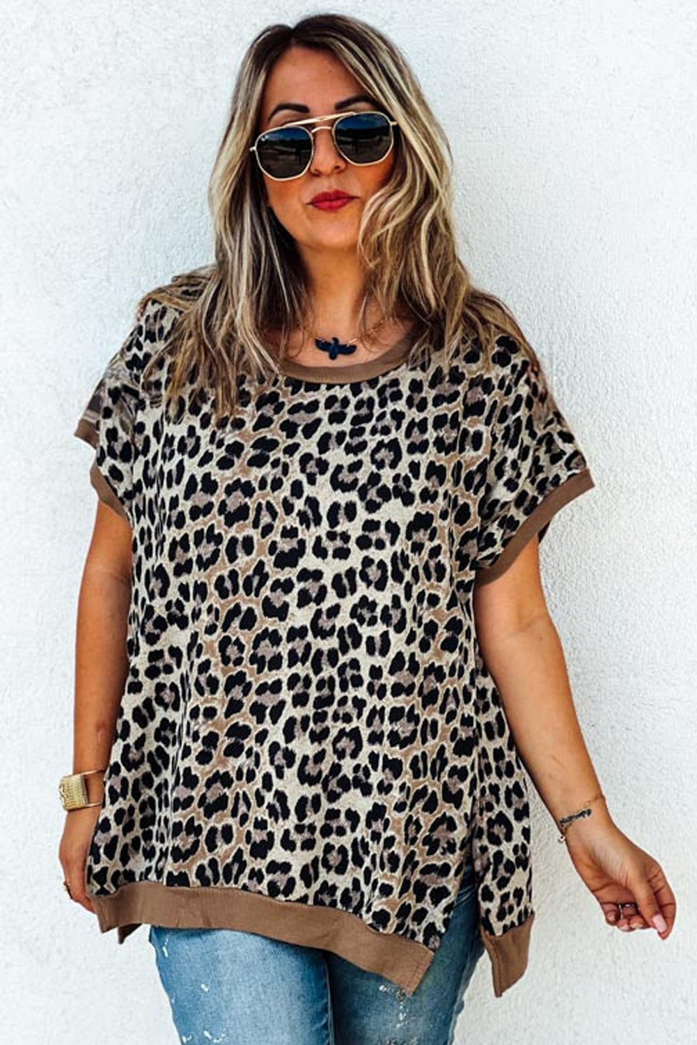 Top Donna Plus Size Kaki con Bordi Leopardati a Contrasto e Maniche Corte