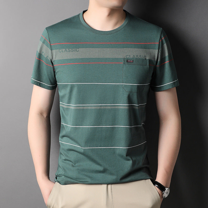 T-Shirt Uomo a Righe in Cotone con Tasca