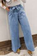 Jeans Donna Blu Vintage Lavato a Gamba Larga con Cintura Annodata