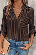 Camicia Donna Marrone a Righe con Scollo a V, Tasche e Maniche Arrotolabili