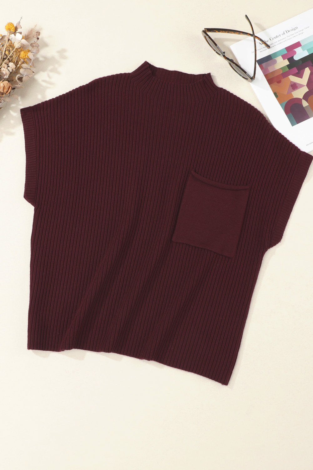 Maglione Donna Rosso Minerale a Costine con Tasche a Toppa e Maniche Corte
