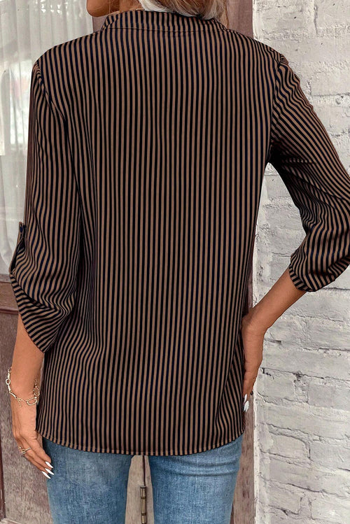 Camicia Donna Marrone a Righe con Scollo a V, Tasche e Maniche Arrotolabili