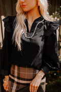 Blusa Donna Nera con Cuciture a Contrasto, Scollo a V, Ruche e Maniche Lunghe