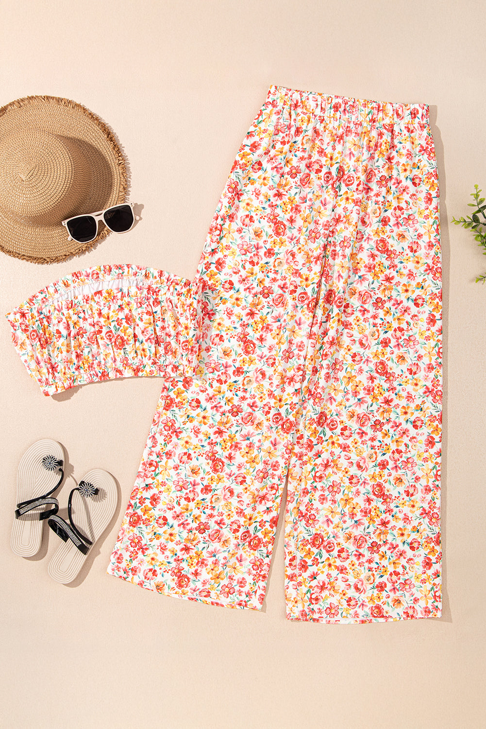 Set 2 Pezzi Donna Rosa Boho: Top Bandeau Floreale e Pantaloni a Gamba Larga a Vita Alta