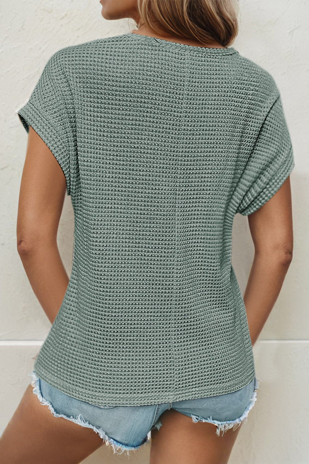 Top Donna Verde Nebbia in Maglia Waffle Patchwork con Dettaglio Traforato