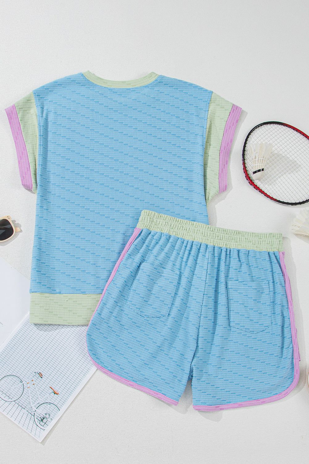 Set 2 Pezzi Donna Azzurro Color Block: Top senza Maniche e Shorts