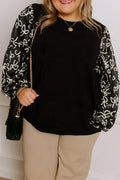 Blusa Donna Plus Size Nera con Stampa Fiocchi e Maniche Patchwork