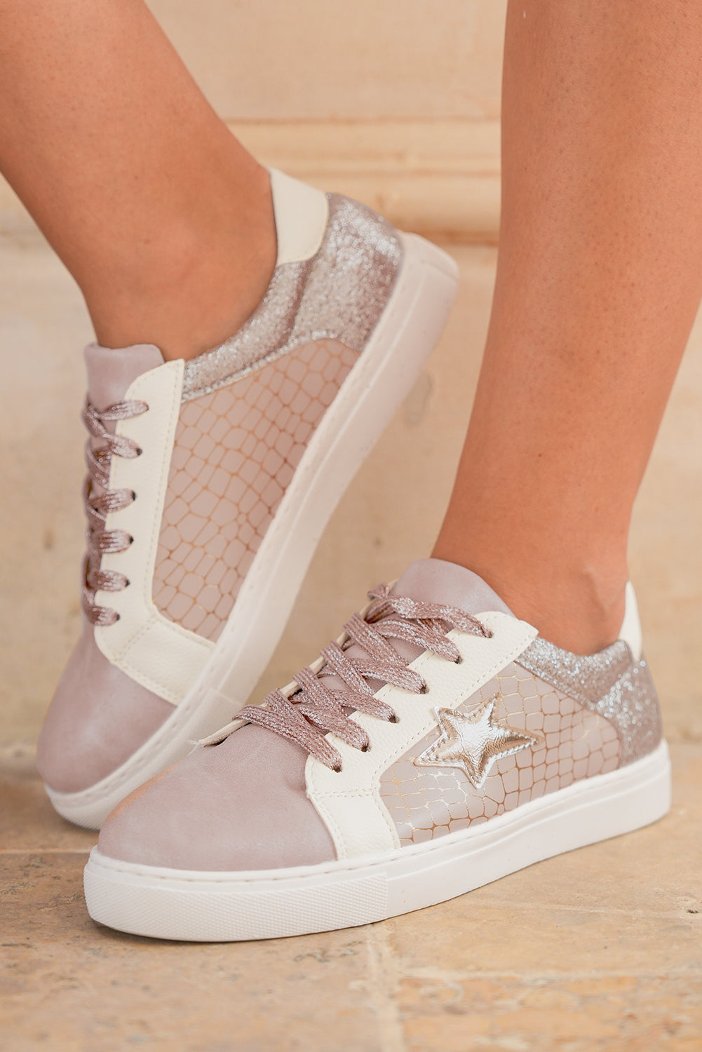 Sneakers Donna Glitter Dorato con Stelle in Ecopelle con Lacci