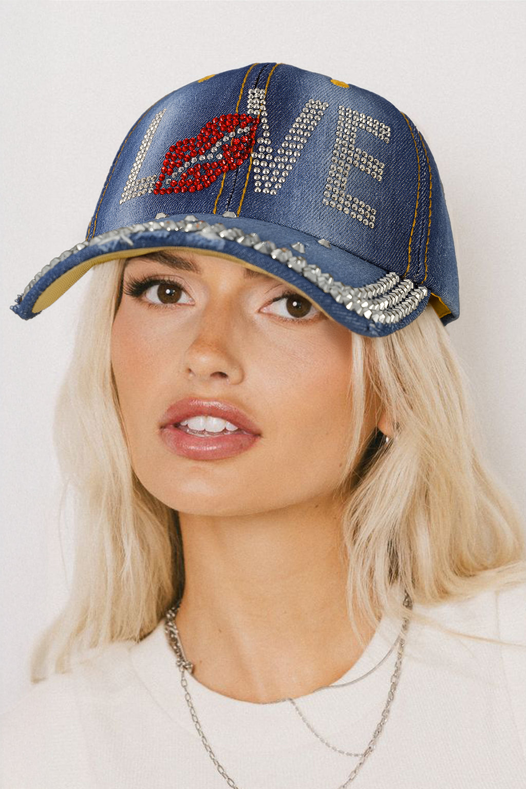 Cappellino Baseball Donna Blu in Denim con Strass LOVE e Labbra
