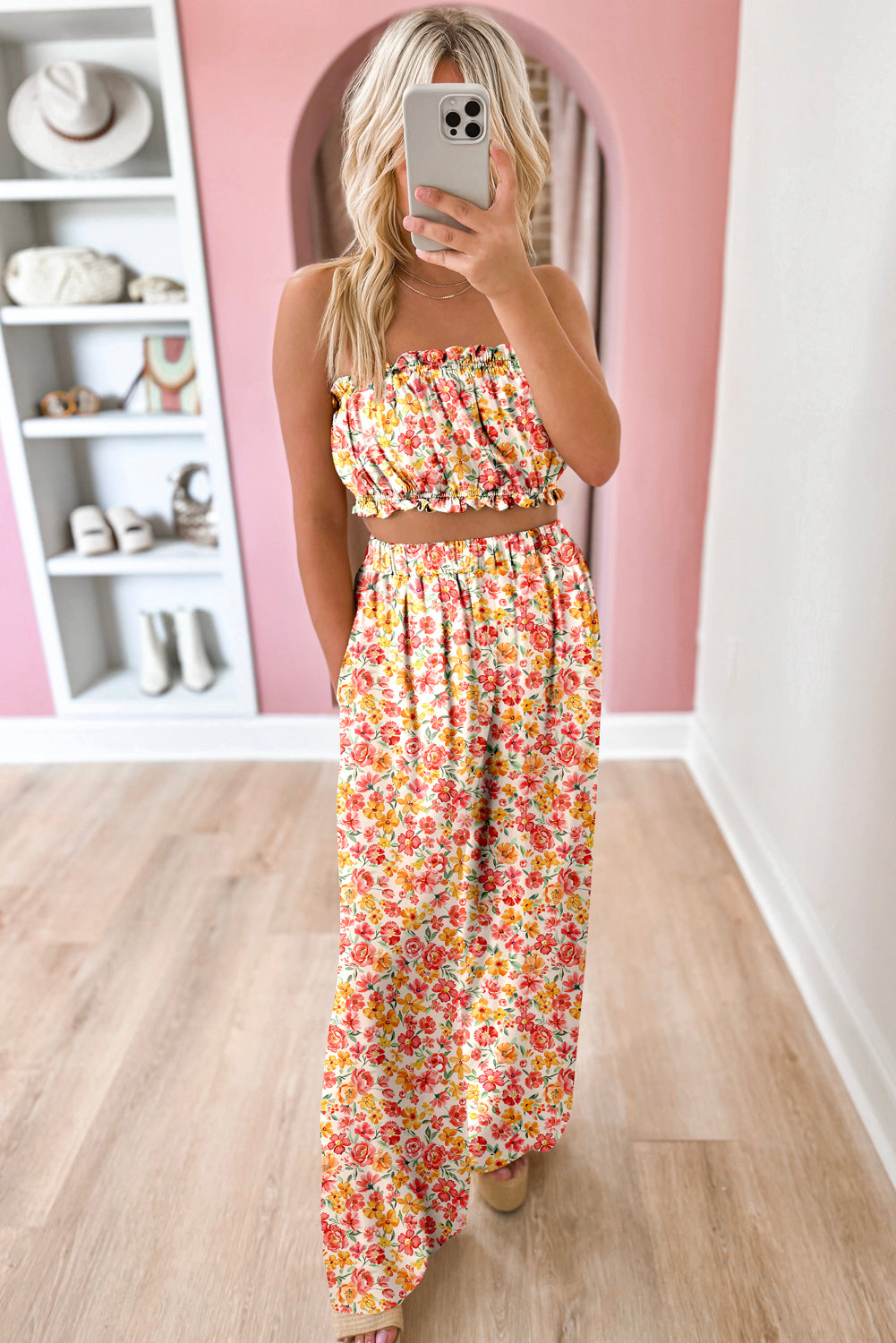 Set 2 Pezzi Donna Rosa Boho: Top Bandeau Floreale e Pantaloni a Gamba Larga a Vita Alta