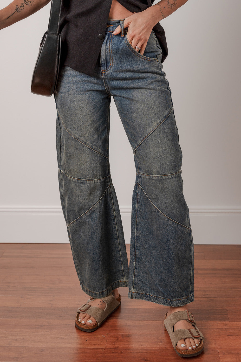 Jeans Donna Blu a Gamba Dritta con Vita Alta e Dettaglio Incrociato