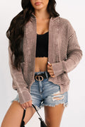 Cardigan Donna Marrone Castagna in Maglia Patchwork con Cuciture a Vista e Lavaggio Minerale