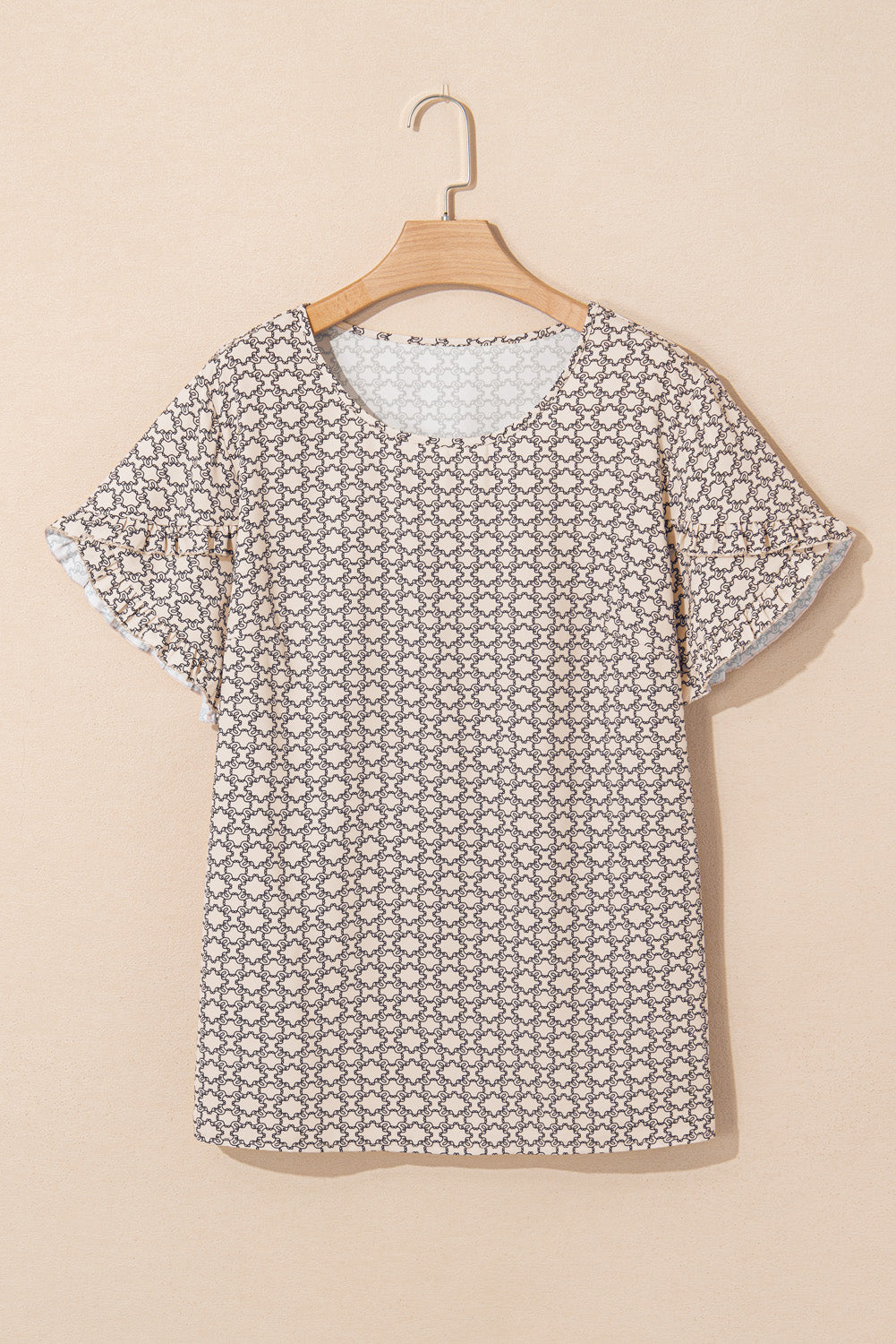 Blusa Donna Plus Size Kaki con Stampa Geometrica e Maniche a Tulipano con Volant