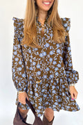 Vestito Donna Marrone Floreale con Rouches e Maniche Lunghe