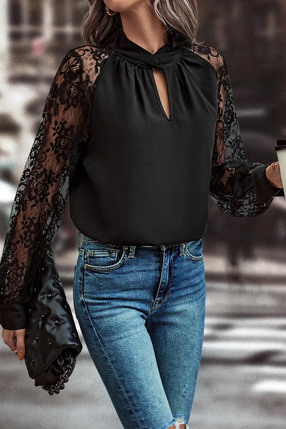 Blusa Donna Nera con Scollo Keyhole Pizzo e Maniche Raglan