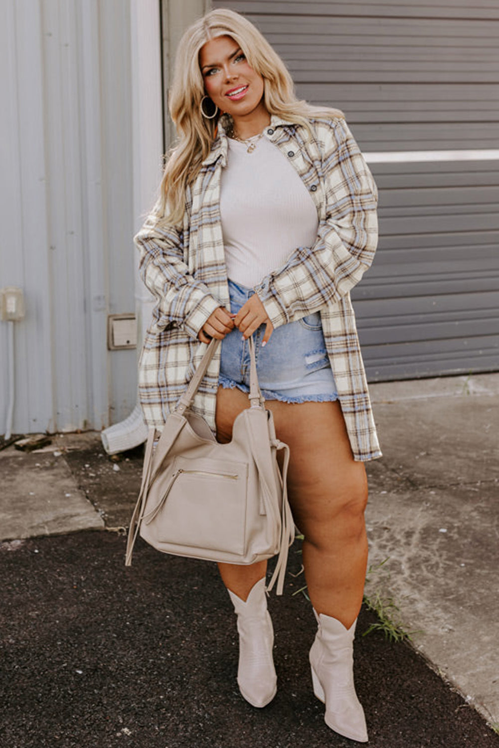 Shacket Donna Plus Size Bianco a Quadri con Spacchi Laterali
