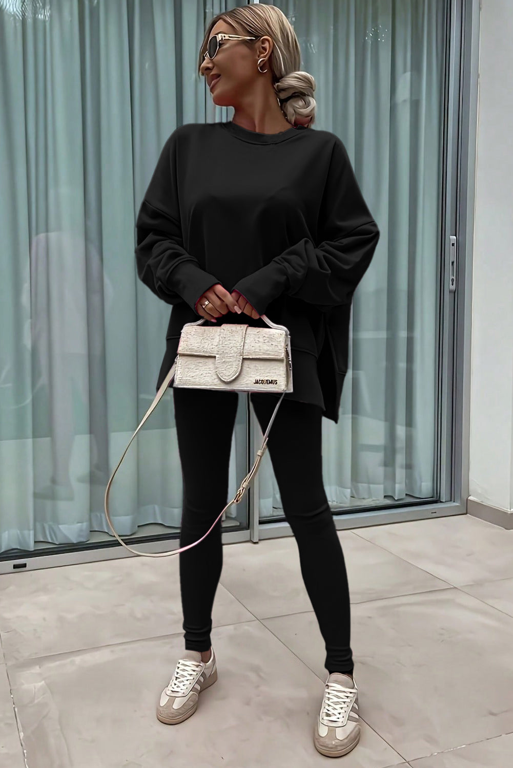 Set 2 Pezzi Donna Nero: Felpa Oversize con Spacco e Leggings a Costine