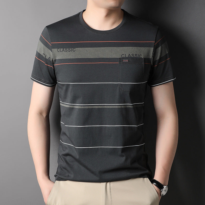 T-Shirt Uomo a Righe in Cotone con Tasca