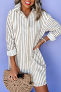 Mini Shirt Dress Donna Kaki a Righe con Bottoni e Maniche Lunghe