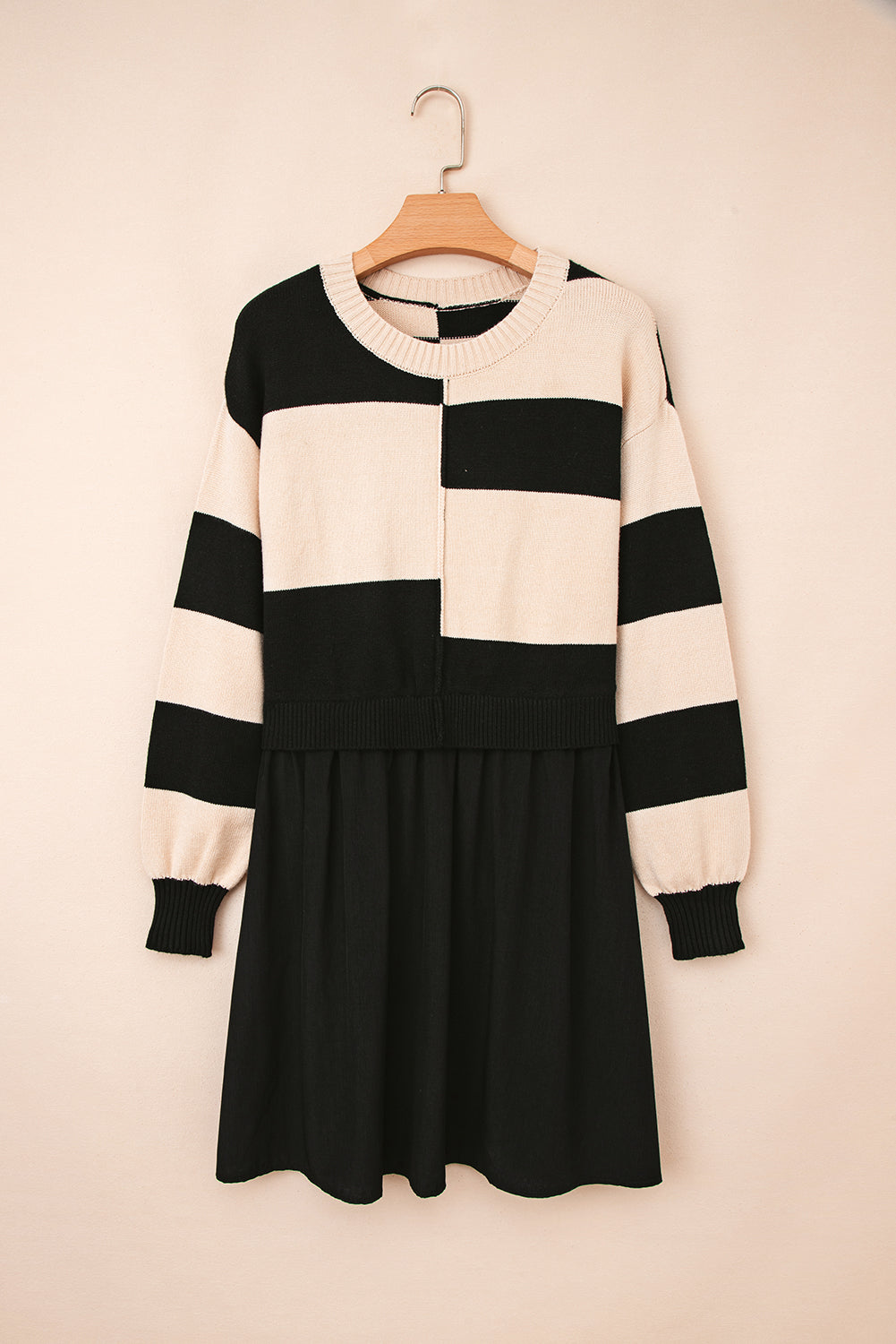 Vestito Maglione Donna Nero a Righe 2 in 1 con Vita Alta e Orlo Asimmetrico