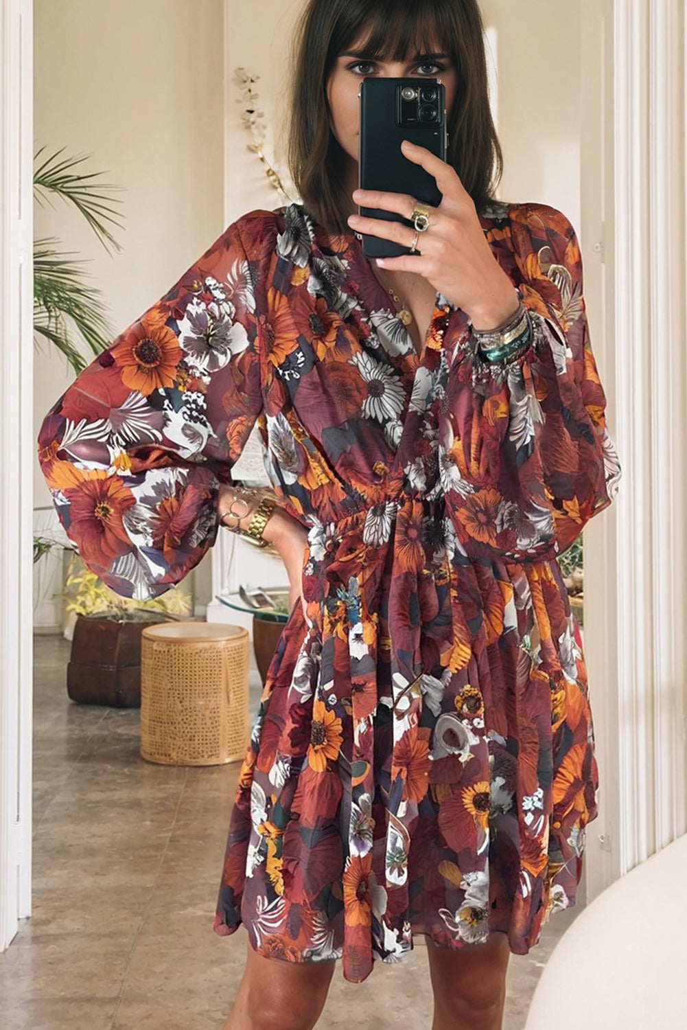 Mini Dress Donna Rosso Floreale Scollo a V con Maniche a Sbuffo
