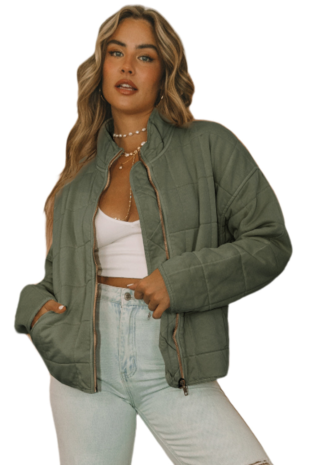 Giacca Donna Verde Trapuntata Corta con Zip e Tasche