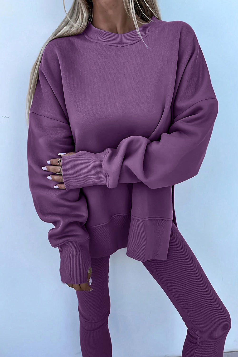 Set 2 Pezzi Donna Lilla Nebbia: Felpa Oversize con Spacco e Leggings a Costine