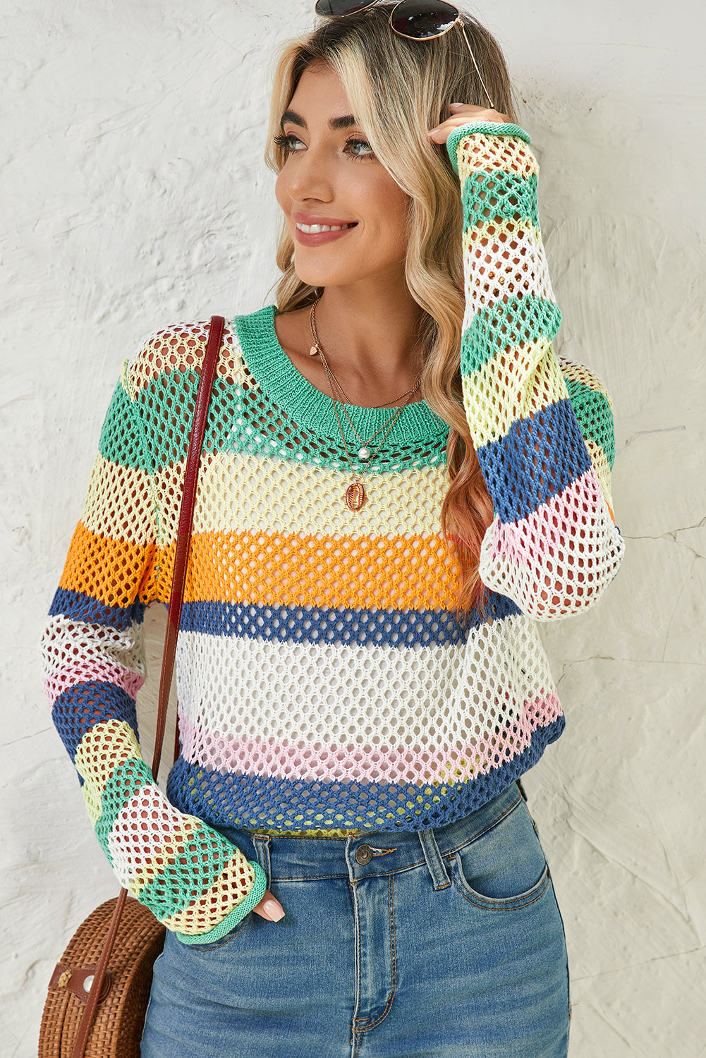 Top Donna Verde Color Block a Righe con Dettaglio Traforato in Maglia