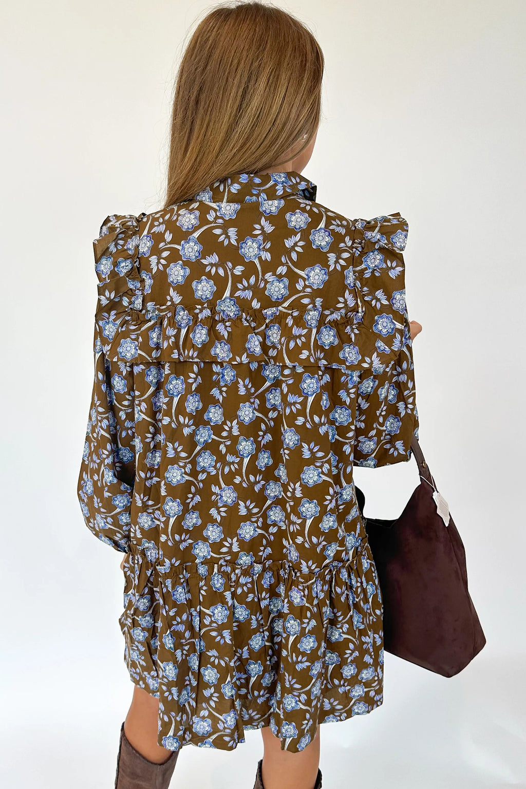 Vestito Donna Marrone Floreale con Rouches e Maniche Lunghe