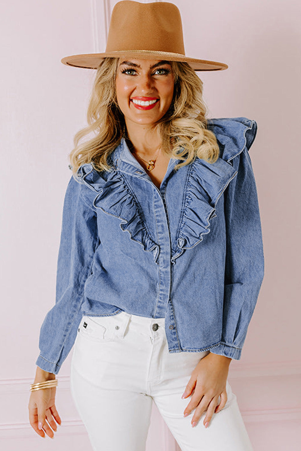 Blusa Donna Blu Denim con Bottoni, Ruche e Maniche Lunghe