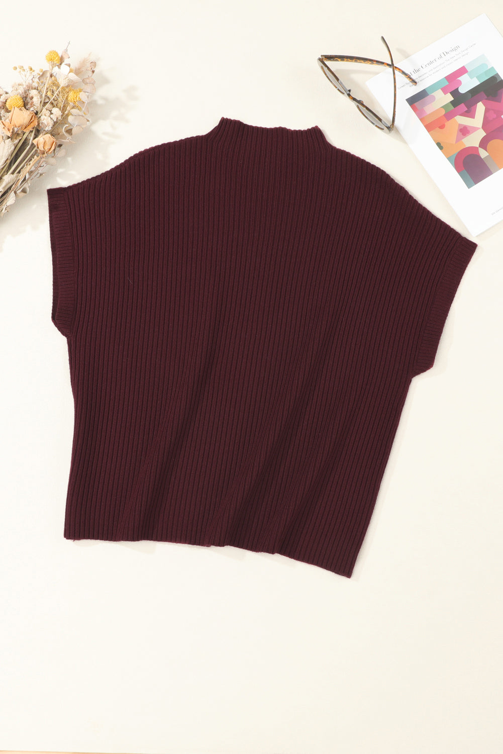 Maglione Donna Rosso Minerale a Costine con Tasche a Toppa e Maniche Corte