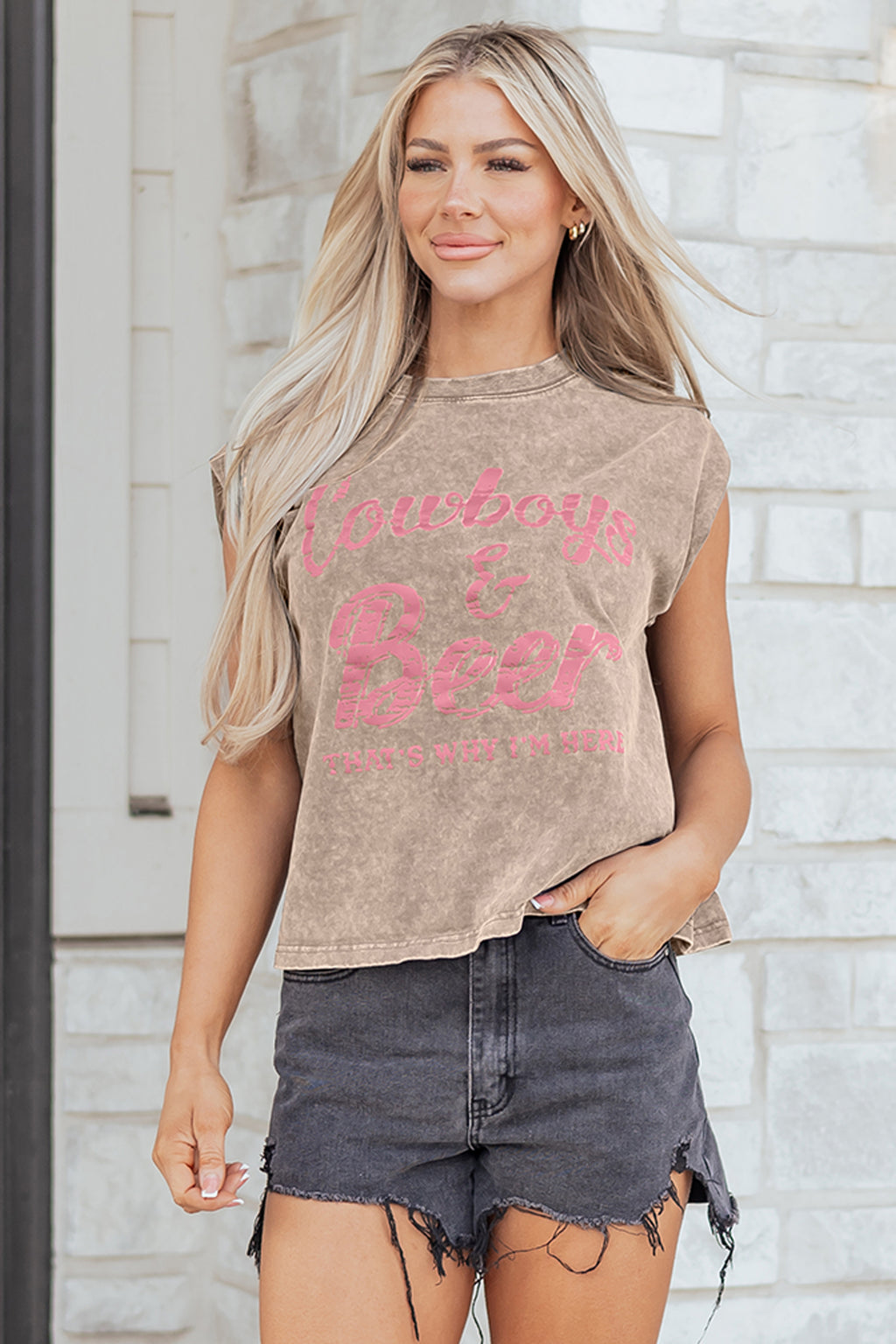 Canotta Donna Grigio Fumo con Grafica Western Cowboy & Beer e Lavaggio Minerale