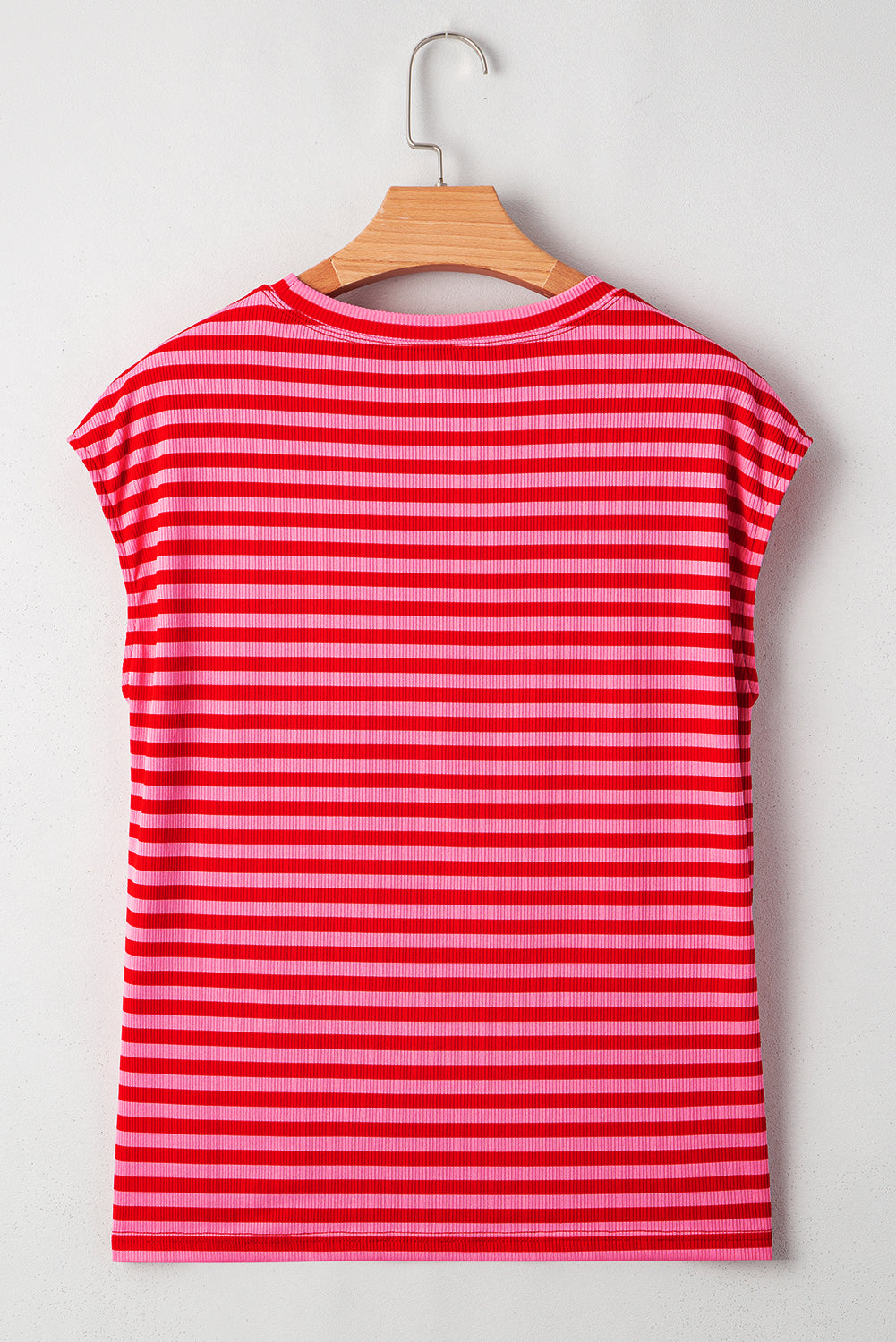 T-Shirt Donna Rossa a Righe Costine Collo Tondo Maniche a Cappuccio