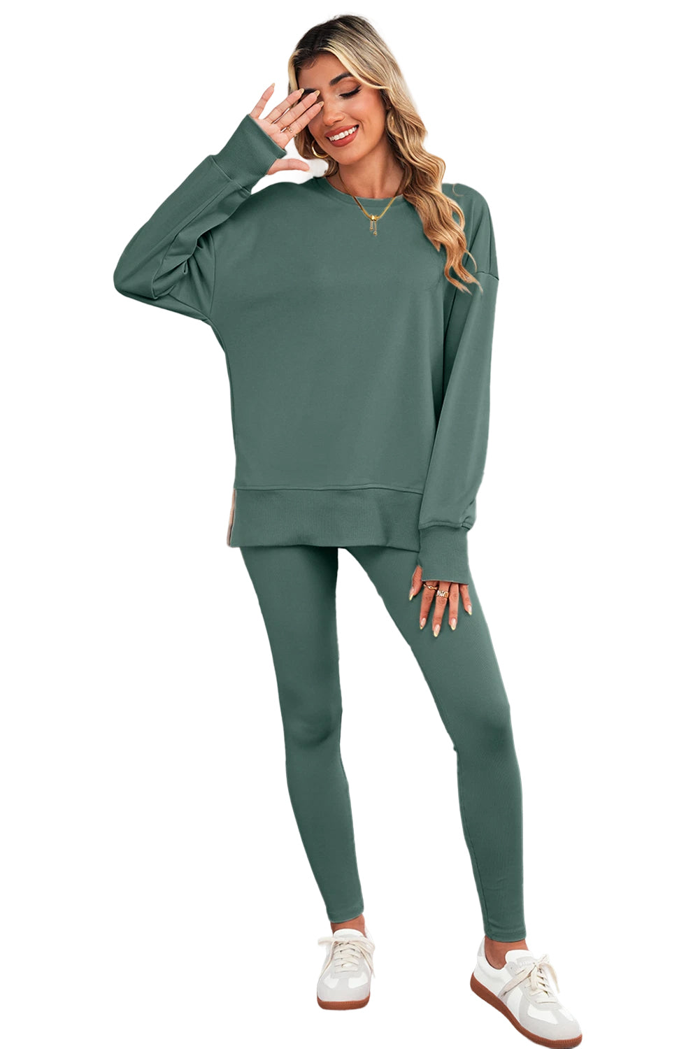 Set 2 Pezzi Donna Verde Tinta Unita: Felpa Oversize con Spacco e Leggings a Costine