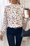 Blusa Donna Bianca con Stampa Leopardata, Maniche a Palloncino e Collo Alto