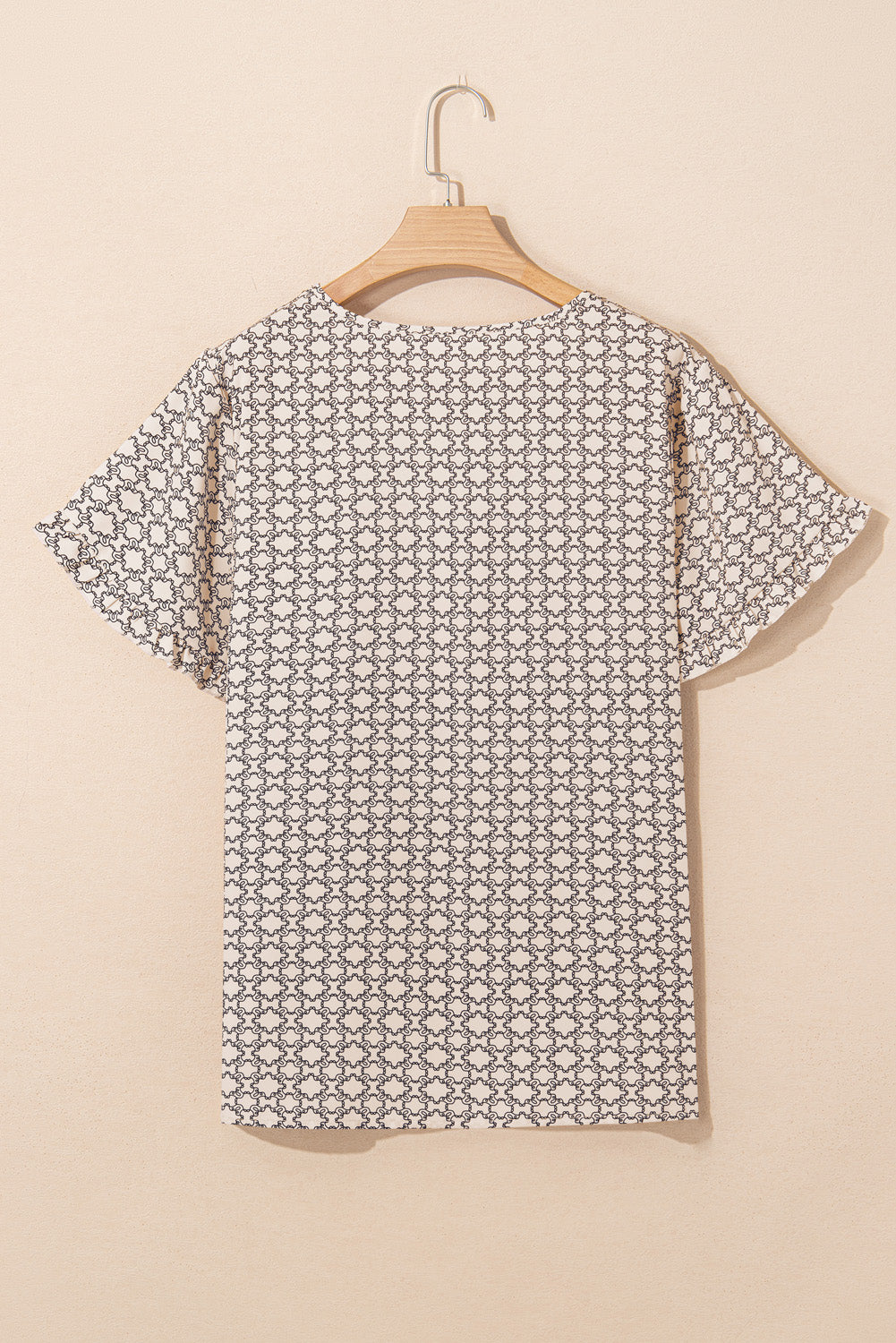 Blusa Donna Plus Size Kaki con Stampa Geometrica e Maniche a Tulipano con Volant
