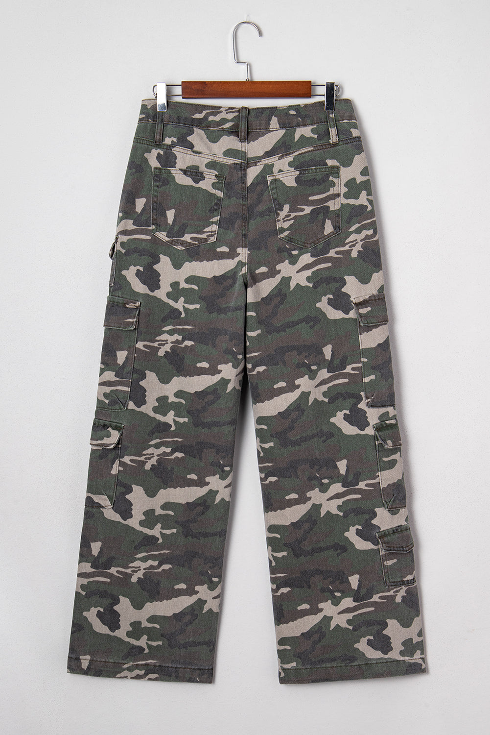 Jeans Donna Verde Camouflage a Gamba Larga con Tasche Cargo