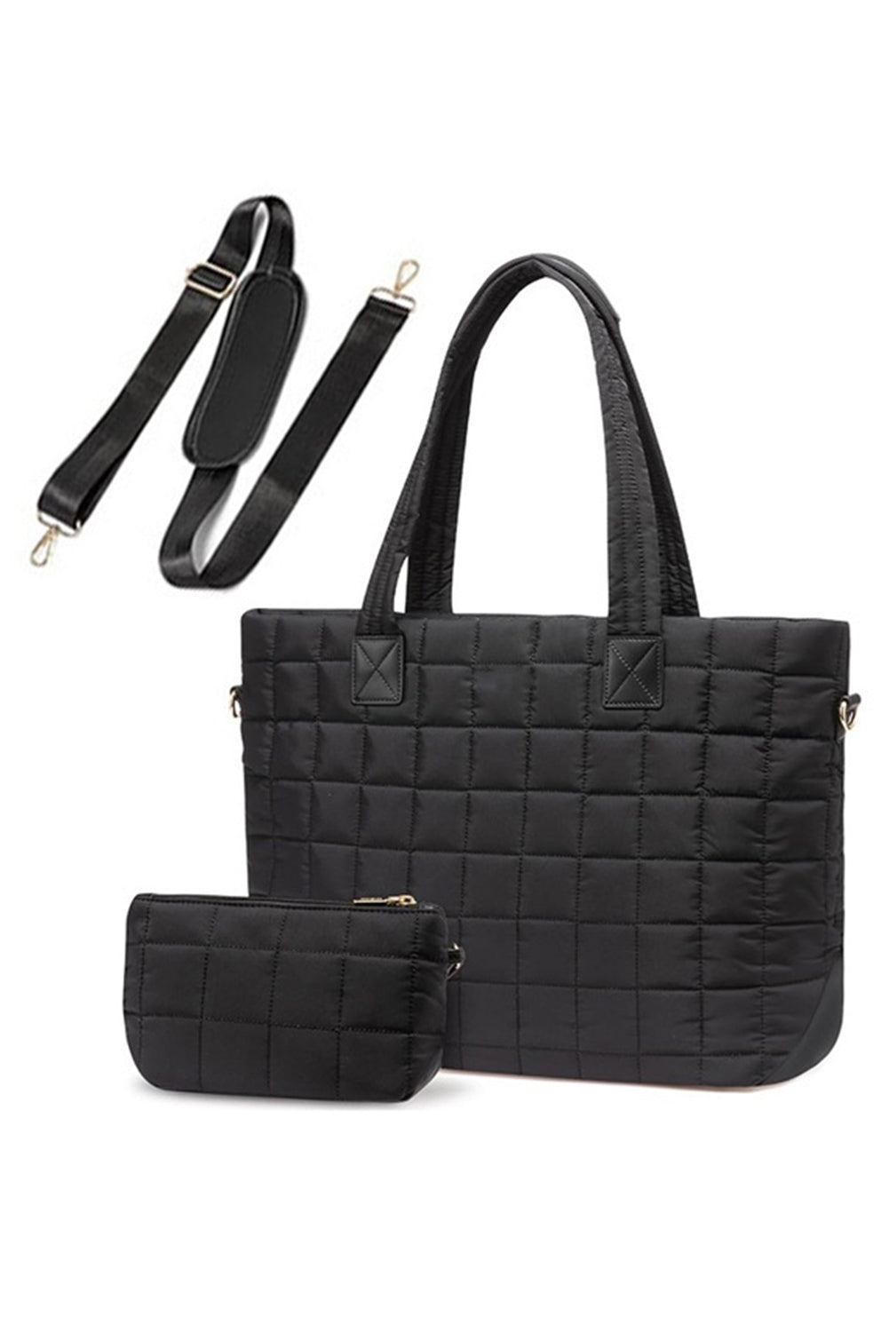 Set 2 Pezzi Borsa Tote e Pochette Nera Trapuntata Patchwork