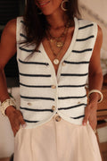 Gilet Donna Nero a Righe in Maglia con Scollo a V e Bottoni Slim Fit