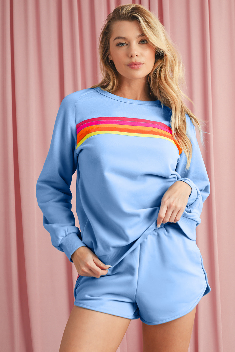 Set 2 Pezzi Donna Azzurro: Pullover a Righe Colorate con Maniche Lunghe e Shorts