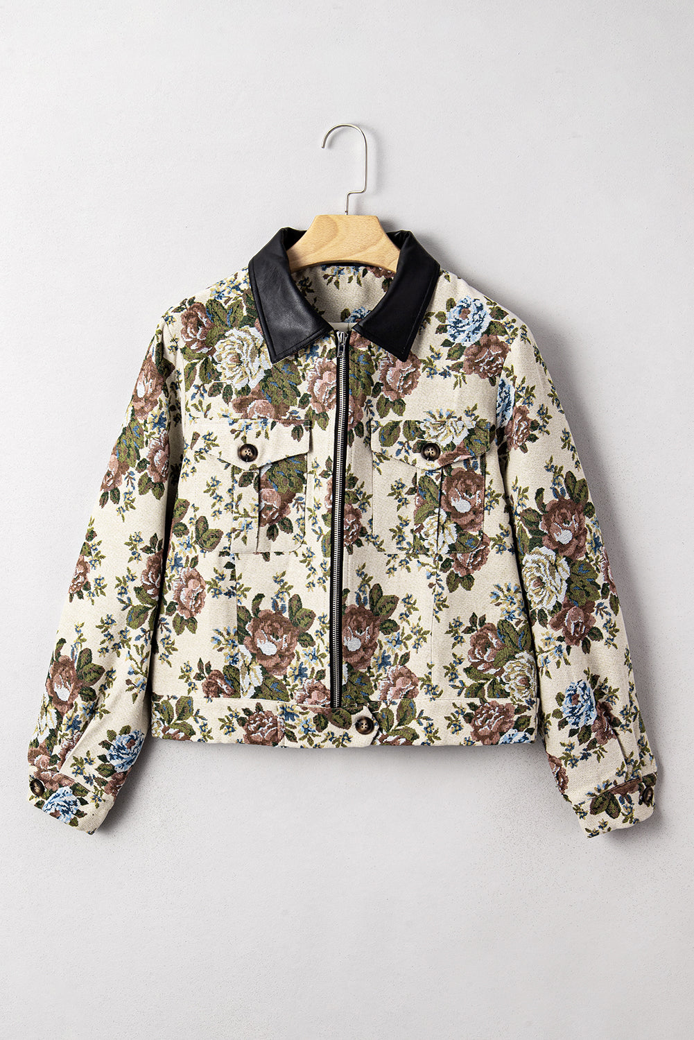 Giacca Donna Kaki con Stampa Floreale, Zip e Colletto a Contrasto