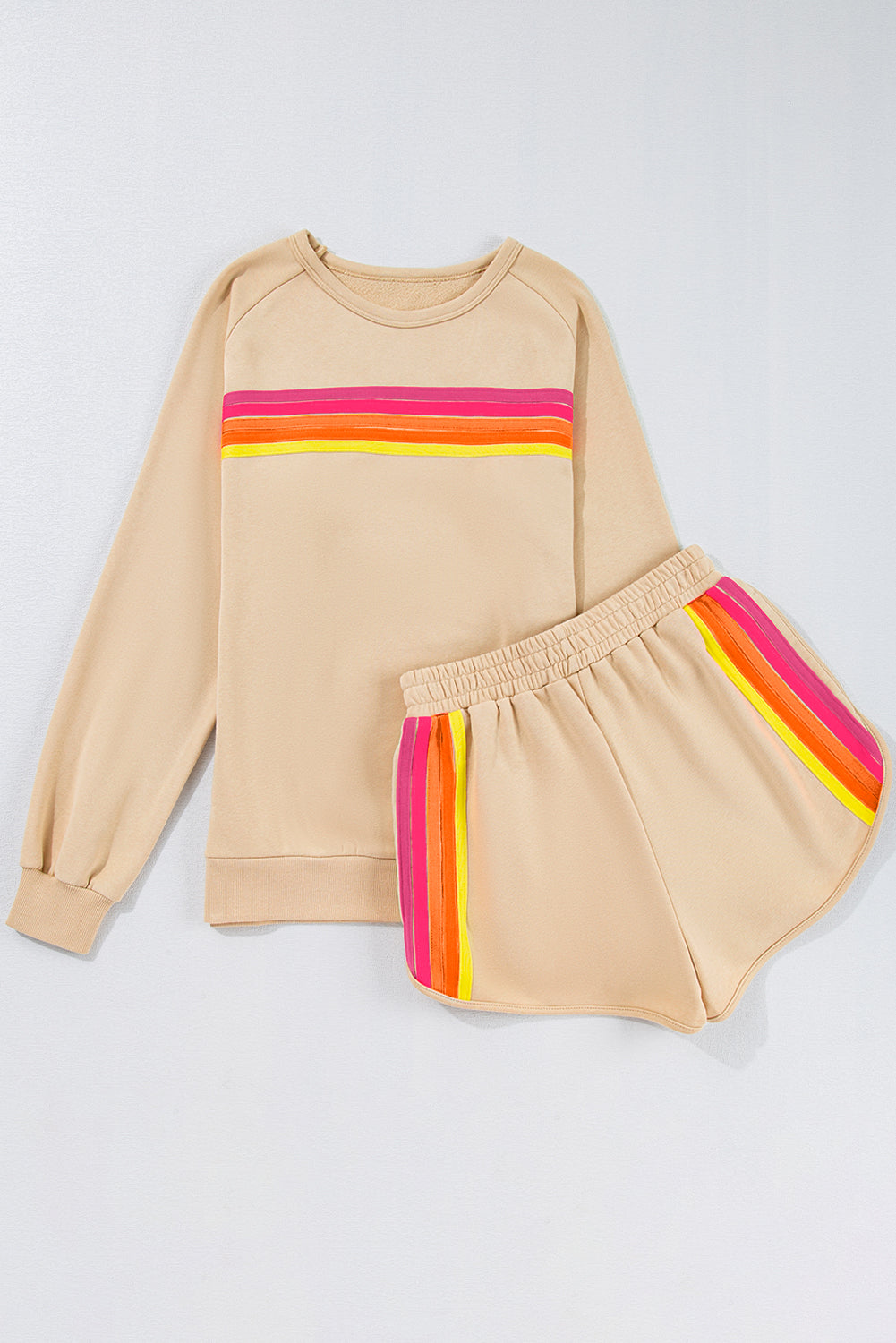 Set 2 Pezzi Donna Albicocca: Pullover a Righe Colorate con Maniche Lunghe e Shorts
