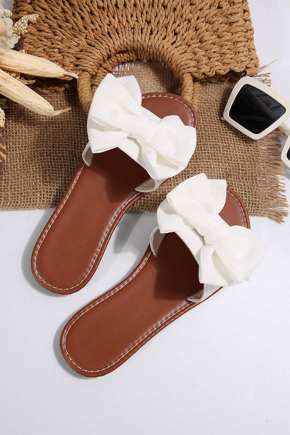Ciabatte Donna Bianche Piatte con Fiocco Decorativo