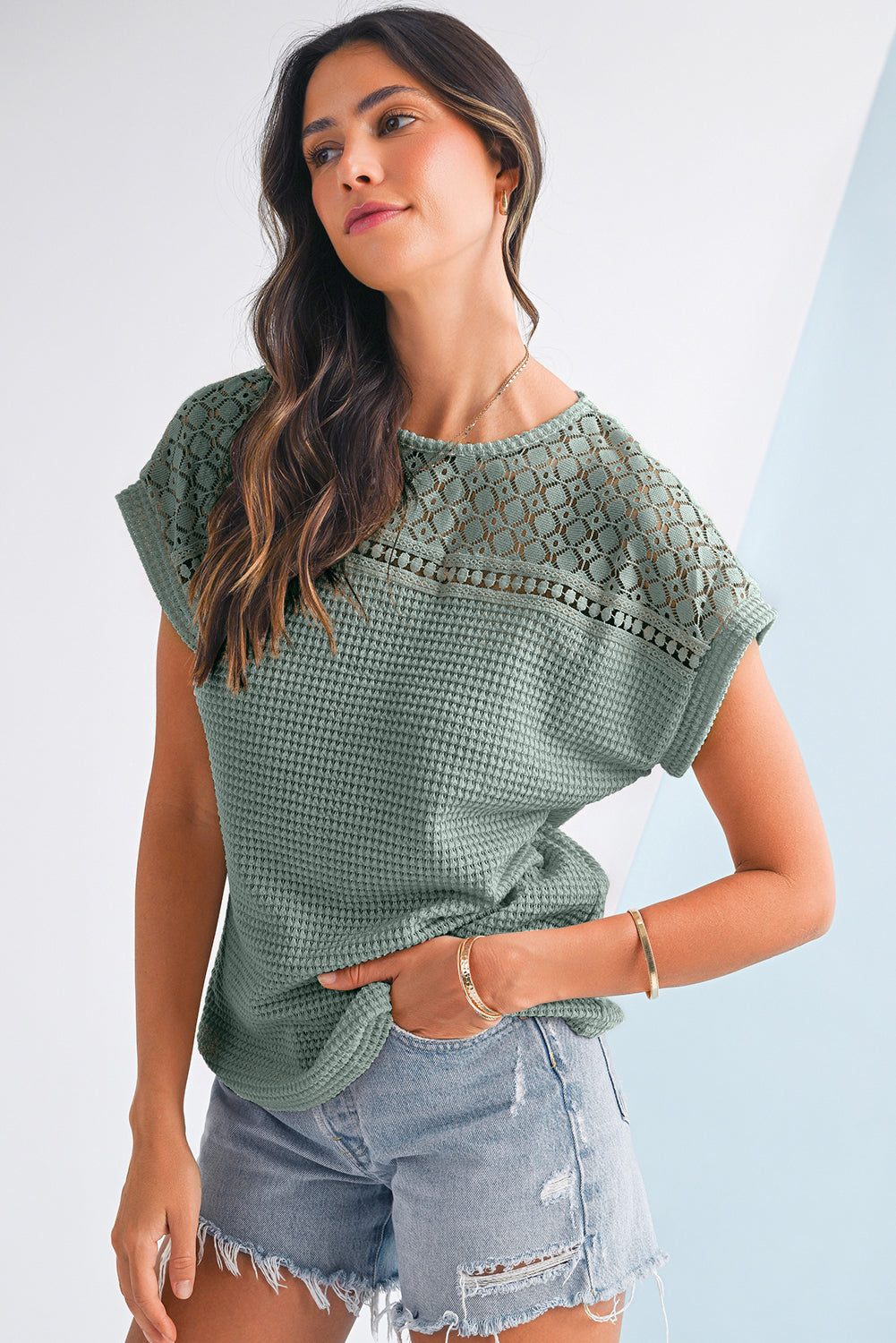 Top Donna Verde Nebbia in Maglia Waffle Patchwork con Dettaglio Traforato