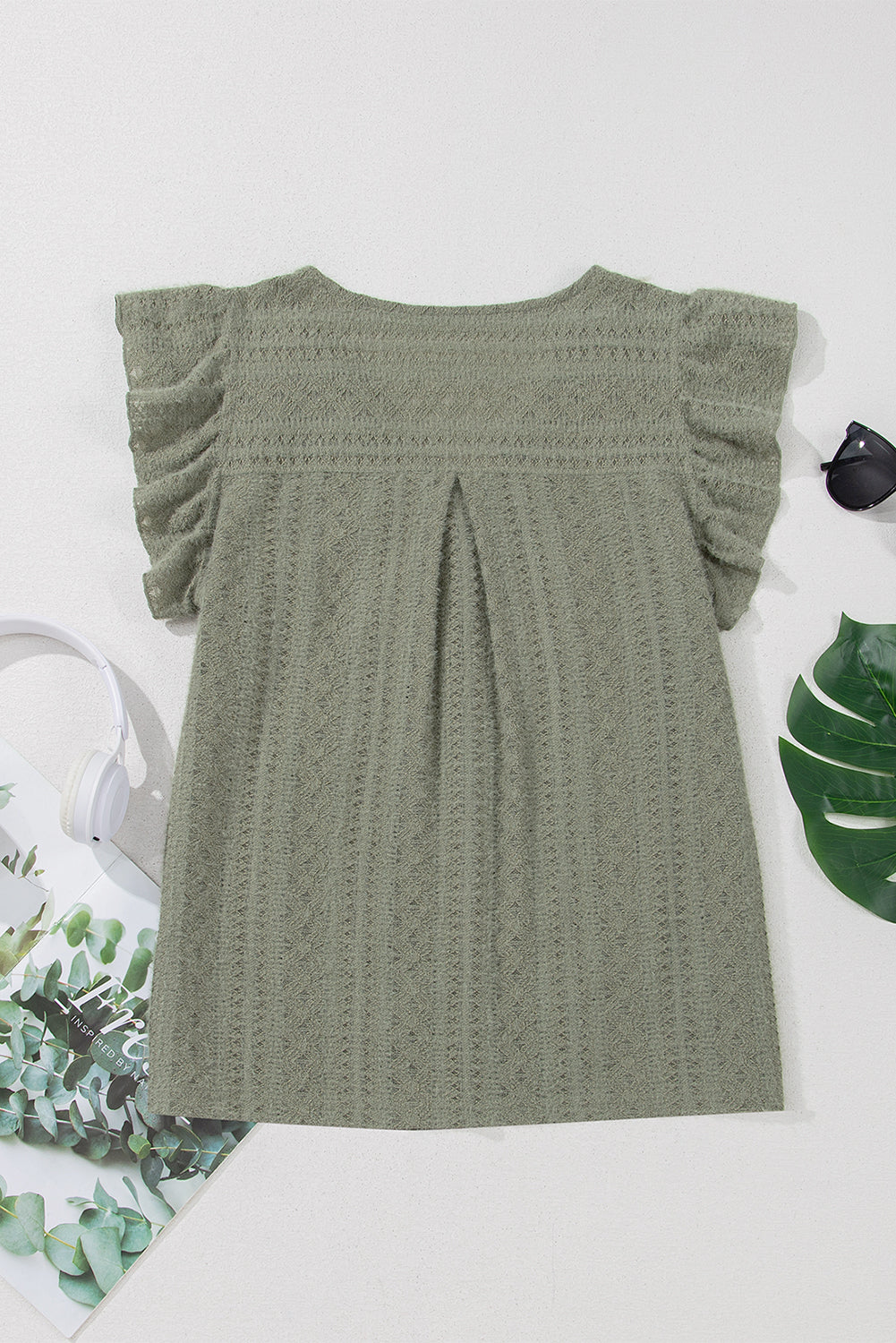 Camicia Donna Verde con Maniche a Farfalla e Scollo a V