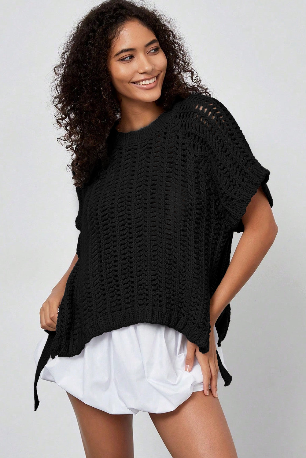 Maglione Donna Nero Plus Size a Maglia Aperta con Fiocchi Manica Corta