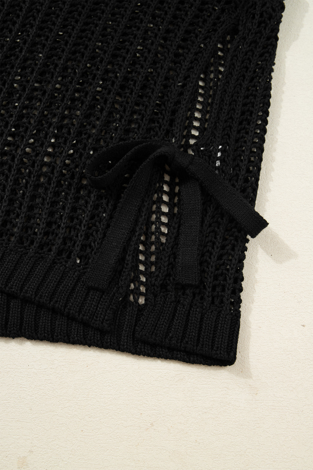 Maglione Donna Nero Plus Size a Maglia Aperta con Fiocchi Manica Corta
